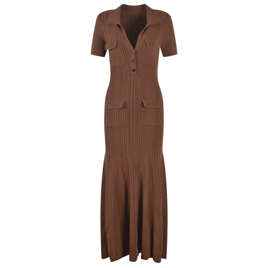 2023 New Summer Short Sleeve Maxi Long Brown Knitted Vinatge Women Dress High Quality