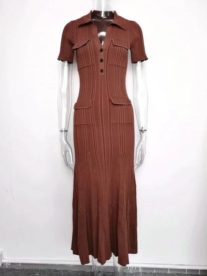 2023 New Summer Short Sleeve Maxi Long Brown Knitted Vinatge Women Dress High Quality