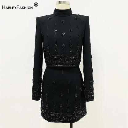 2024 European Style Lady Office Work Suit Fine Workmanship Beading Rhinestone Turtleneck Tops Pencil Mini Skirt Women 2Pcs