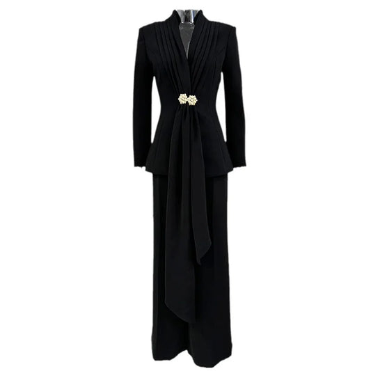 2024 Lady European Style Fashion New Designed Pleated Collar Office Suit Women Blazer Wide Leg Pants Solid Two-piece Sets