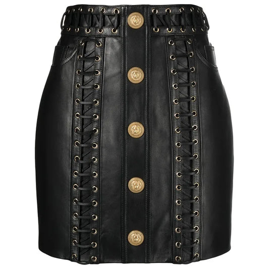 2024 New Spring High Quality Lace-up PU Leather Street Fashion Women Skirt Luxury Design Slim All-matched Saia