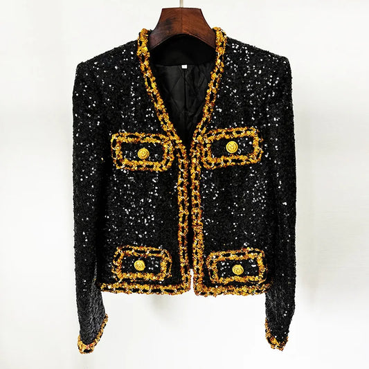 2024 Newest Lady Fine Workmanship All Over Sequins Coat V-neckline Long Sleeve Women Fashion Shinny Short Jacket