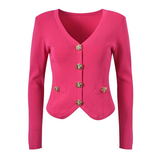 2024 Spring Elegant Style Women V-neckline Designed Buttons Single-breasted Cardigan Design Knitted Office Lady Slim Fitted Coat