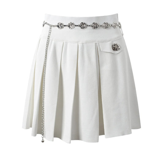 Amazing Designing All-matched Pleated A-line Women Black & White Knitted Mini Skirt with Chain Belt