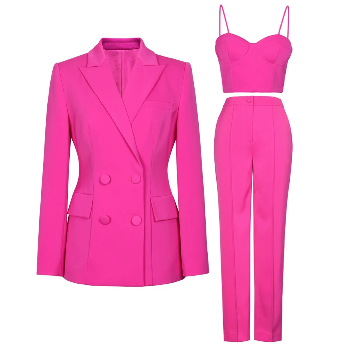 American European Fresh Fuchsia Color 3PCS Blazer Set with Bre Top and Pencil Pants Women Chic Street Bodycon Suits