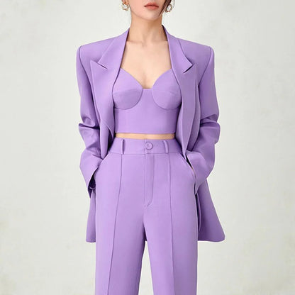 American European Fresh Fuchsia Color 3PCS Blazer Set with Bre Top and Pencil Pants Women Chic Street Bodycon Suits