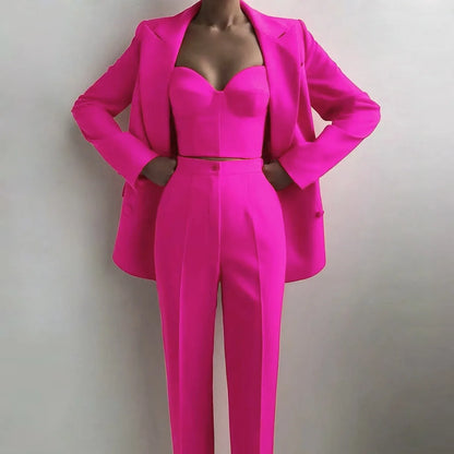 American European Fresh Fuchsia Color 3PCS Blazer Set with Bre Top and Pencil Pants Women Chic Street Bodycon Suits