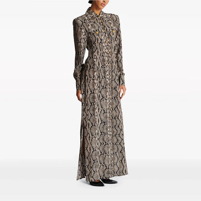 Autumn Lady Fashion Designed Serpentine Printing Turn-down Collar Long Sleeve Single-breasted Wear Women Loose Maxi Dress