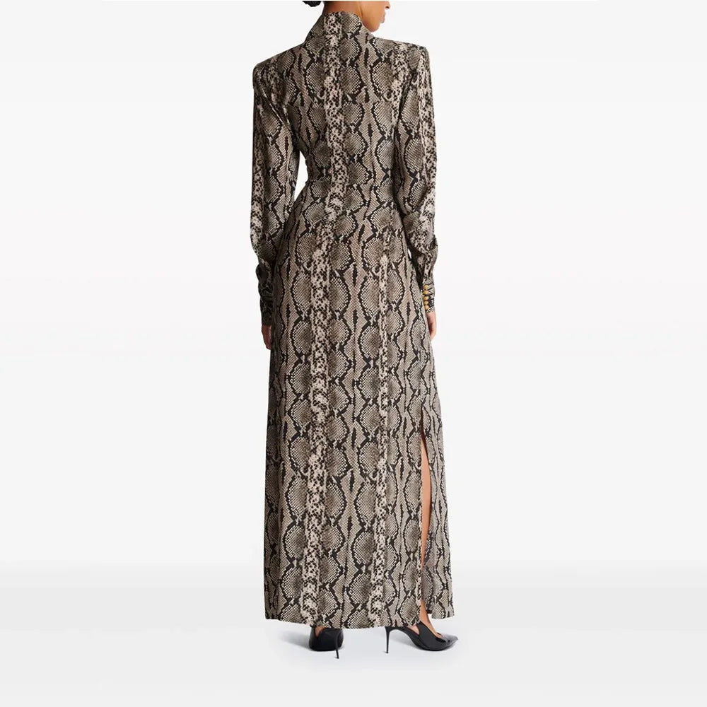 Autumn Lady Fashion Designed Serpentine Printing Turn-down Collar Long Sleeve Single-breasted Wear Women Loose Maxi Dress