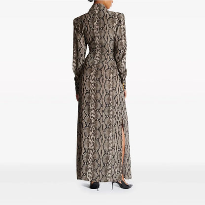 Autumn Lady Fashion Designed Serpentine Printing Turn-down Collar Long Sleeve Single-breasted Wear Women Loose Maxi Dress