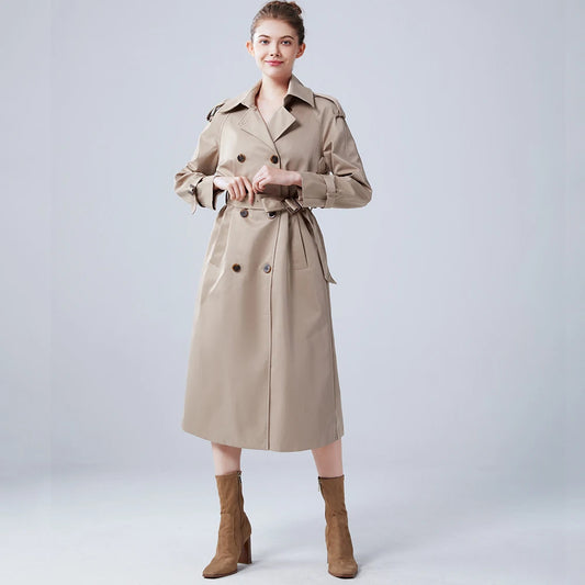 Autumn Winter Classy Design Luxury Quality European Straight Belt Pockets Women Chic Trench Fashion Long Coat