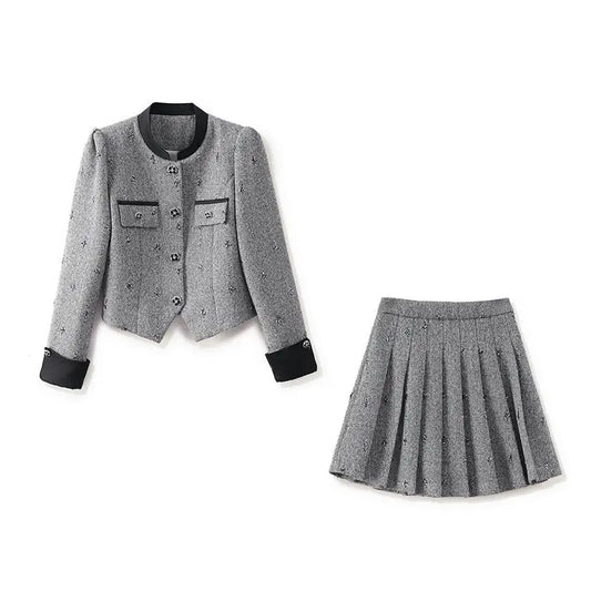 Custom Designed Lady Shiner Office Suit Stand Collar Long Sleeve Single-breasted Coat Mini Pleated Skirt Women 2pcs