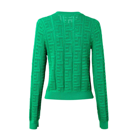 Early Fall Newest Design Customized Big Buttons Geometrical Pattern Hole Casual Green Knitting Thin Sweater Quality Tops