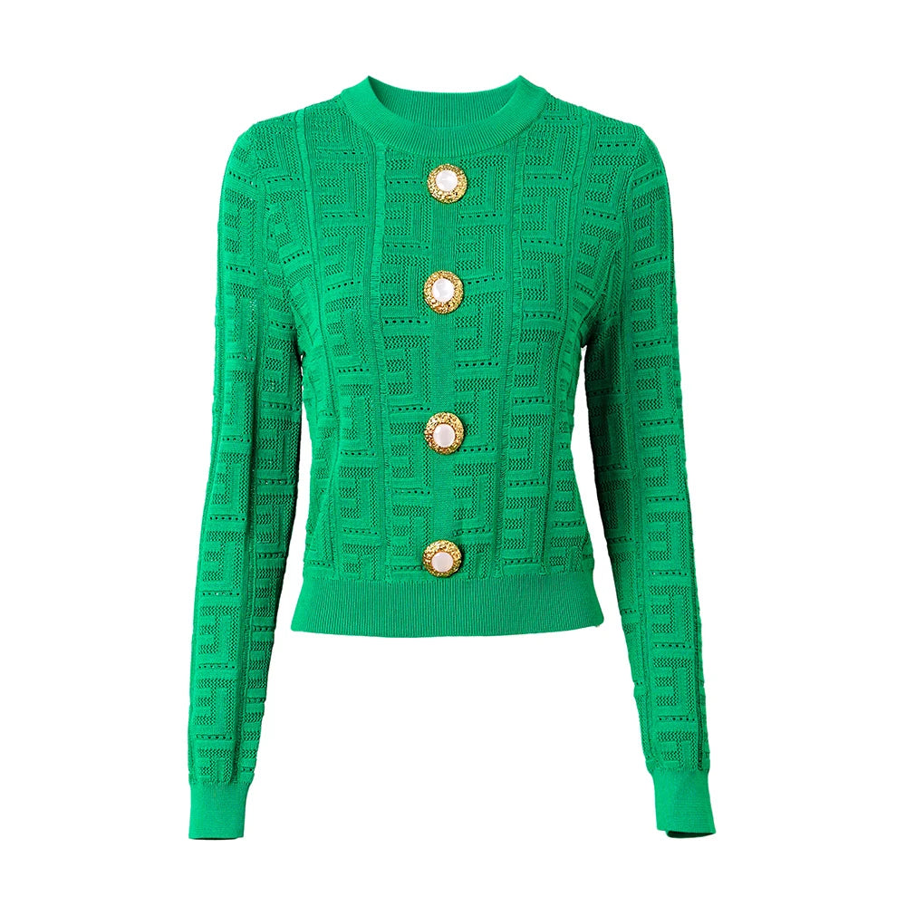 Early Fall Newest Design Customized Big Buttons Geometrical Pattern Hole Casual Green Knitting Thin Sweater Quality Tops