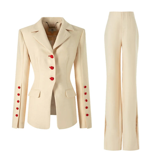 Elegant Designer Autumn Formal Business Pants Suit Women Runway Trim Blazer Sets Top Quality