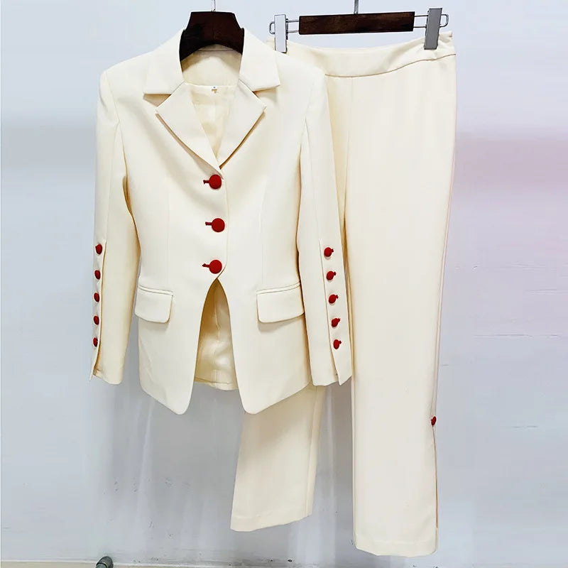 Elegant Designer Autumn Formal Business Pants Suit Women Runway Trim Blazer Sets Top Quality