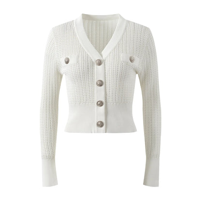 Elegant Style 2024 Spring Summer Women V-neckline Single-breasted Cardigan Design Knitted Office Lady Slim Fitted Coat