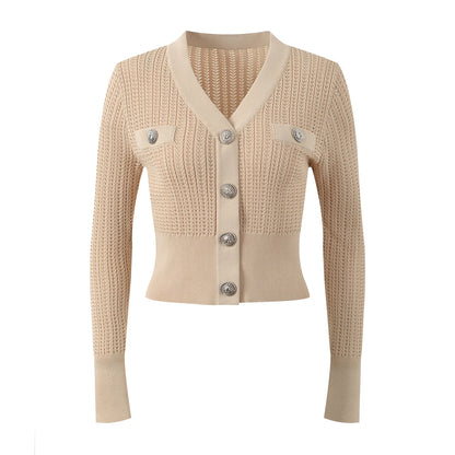 Elegant Style 2024 Spring Summer Women V-neckline Single-breasted Cardigan Design Knitted Office Lady Slim Fitted Coat