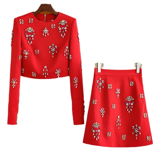 Fine Workmanship Rhinestone Beading Lady Quality Office Suit O-neck Long Sleeve Tops Mini Pencil Skirt Women Solid 2pcs