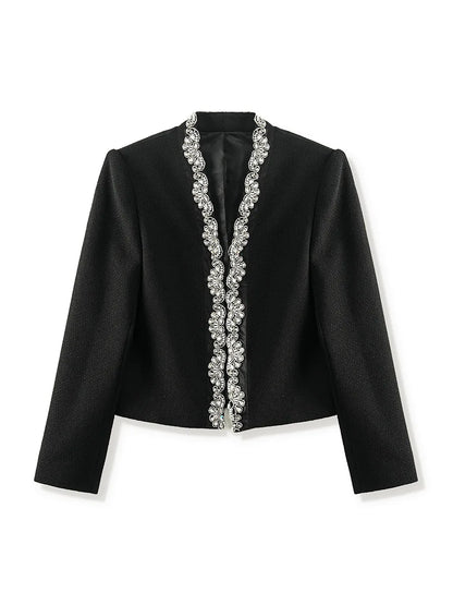 Fine Workmanship Rhinestone Office Casual Coat Lady V-neck Long Sleeve Women Blazer