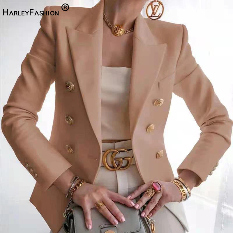 HARLEYFASHION European American 2021 Spring Autumn Slim Double Breasted Women's  Blazer OL Solid Color Quality Suit Jacket XXL