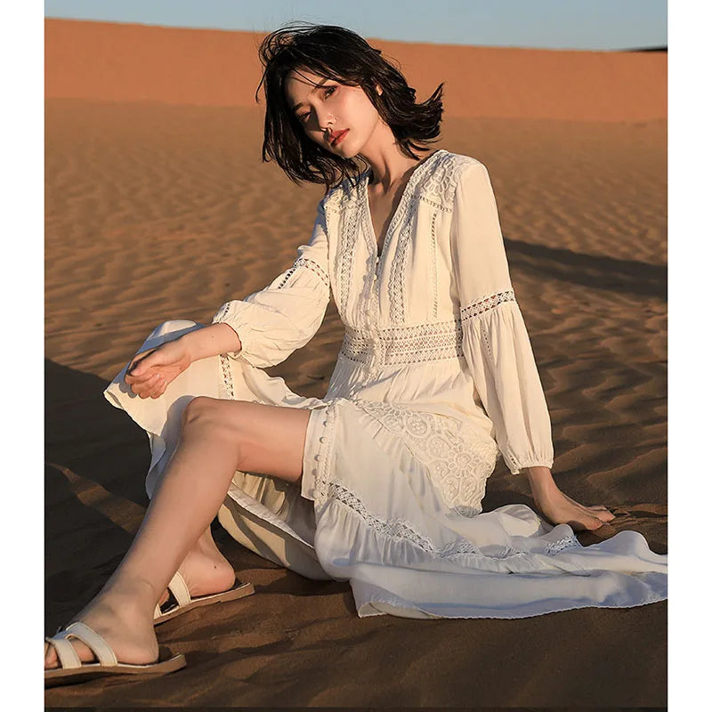 HARLEYFASHION Women Retro Embroidery Hollow Out Casual V-Neck Lantern Sleeve Reduction Age Goddess Beach Style Length Dress