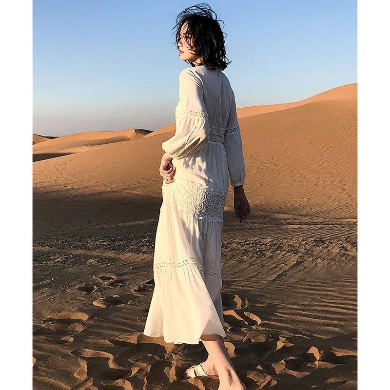 HARLEYFASHION Women Retro Embroidery Hollow Out Casual V-Neck Lantern Sleeve Reduction Age Goddess Beach Style Length Dress