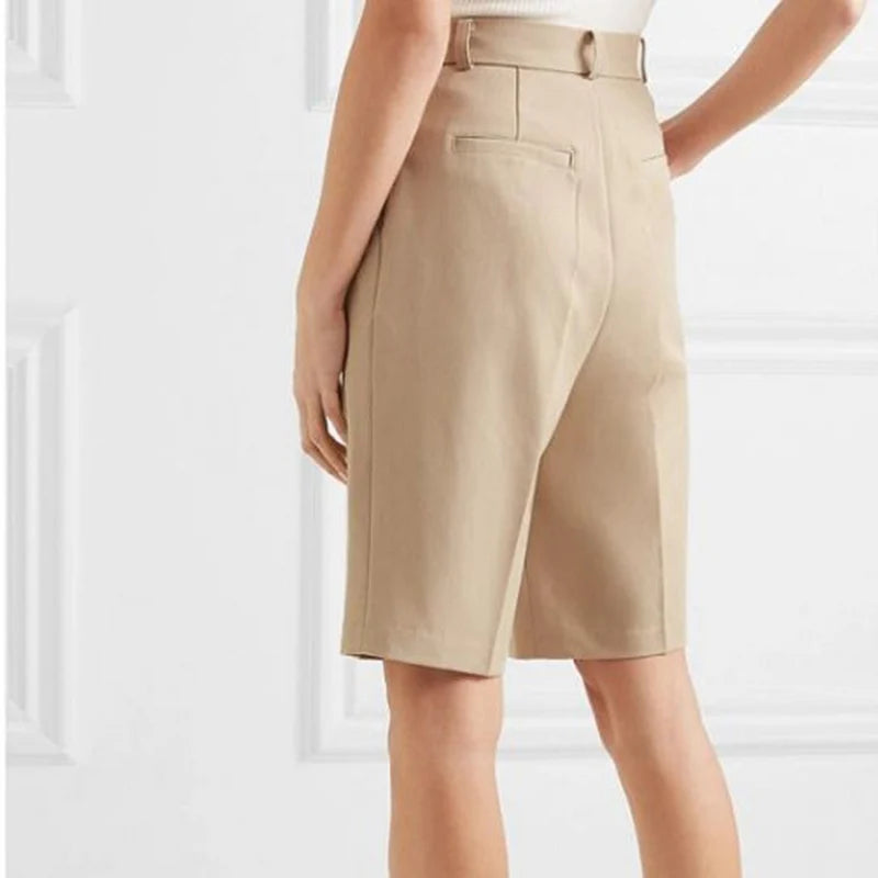 HarleyFashion Summer Trendy Stylish Women Half-length Khaki Knee-length High Waist Classic Design Quality Fit Slim Casual Shorts