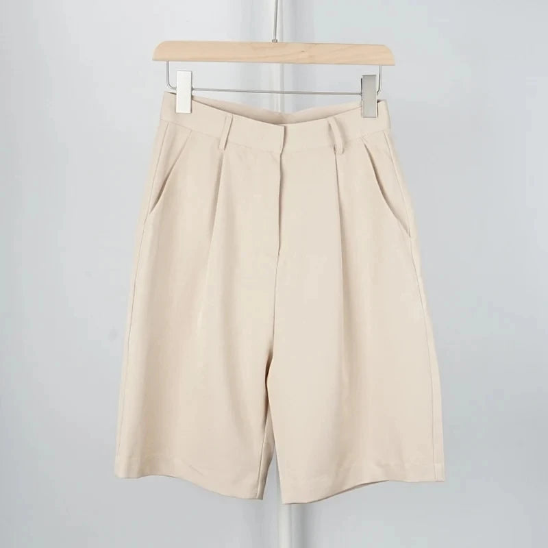 HarleyFashion Summer Trendy Stylish Women Half-length Khaki Knee-length High Waist Classic Design Quality Fit Slim Casual Shorts