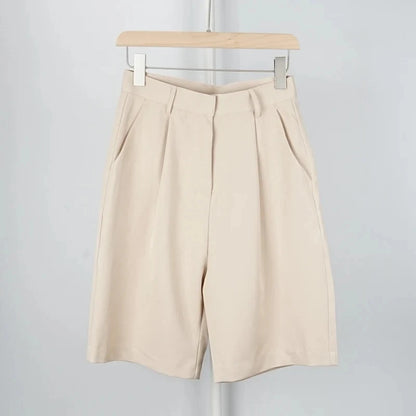 HarleyFashion Summer Trendy Stylish Women Half-length Khaki Knee-length High Waist Classic Design Quality Fit Slim Casual Shorts