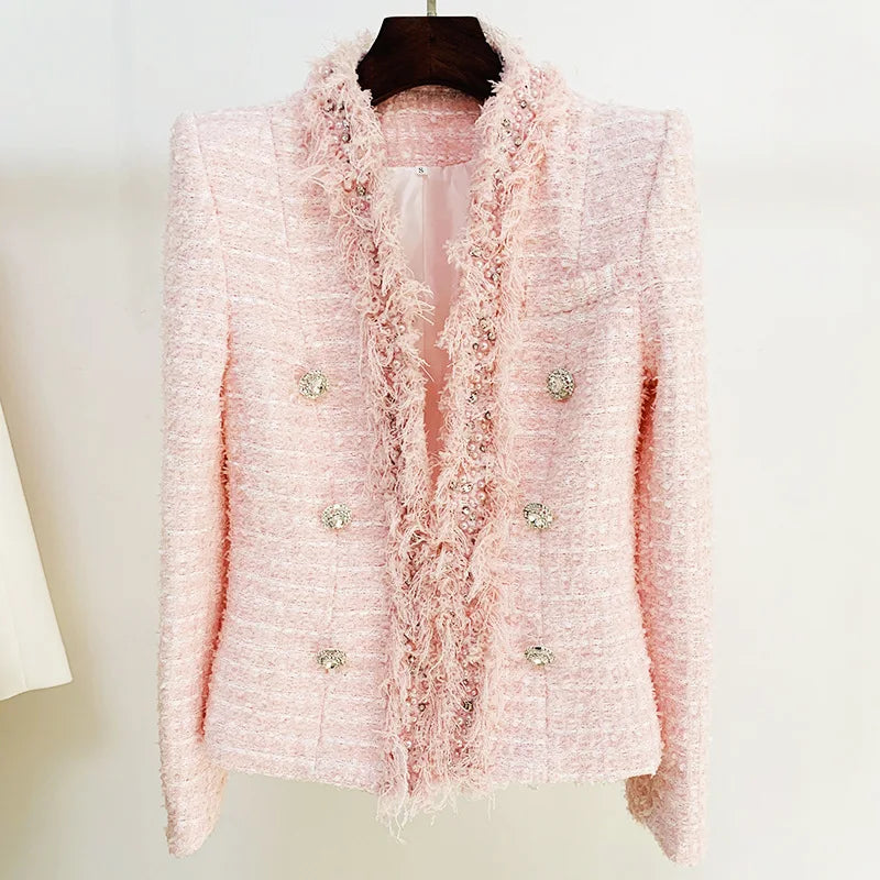 HarleyFashion Winter Women Pink Tweed Jacket Cardigan Tassel Beading Luxury Quality Sweet Thick Coat