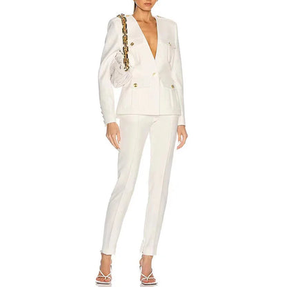 HarleyFashion Elegant European Women Work Suit Pants England Style White Jacket Slim Trousers Quality Two Pieces Sets