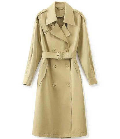 High Quality Lady Fall Spring Overcoat Notched Long Sleeve Double-breasted Solid Midi Loose Trench Coat With Belt For Women