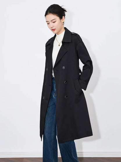 High Quality Lady Fall Spring Overcoat Notched Long Sleeve Double-breasted Solid Midi Loose Trench Coat With Belt For Women