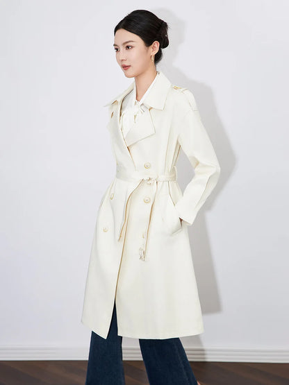 High Quality Lady Fall Spring Overcoat Notched Long Sleeve Double-breasted Solid Midi Loose Trench Coat With Belt For Women