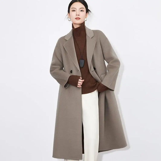 High Quality Wool Lady Winter Outwear Overcoat Notched Long Sleeve Solid Midi Loose Coat With Belt For Women