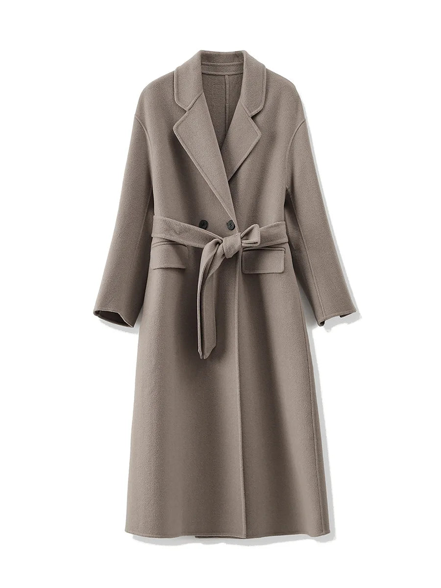 High Quality Wool Lady Winter Outwear Overcoat Notched Long Sleeve Solid Midi Loose Coat With Belt For Women