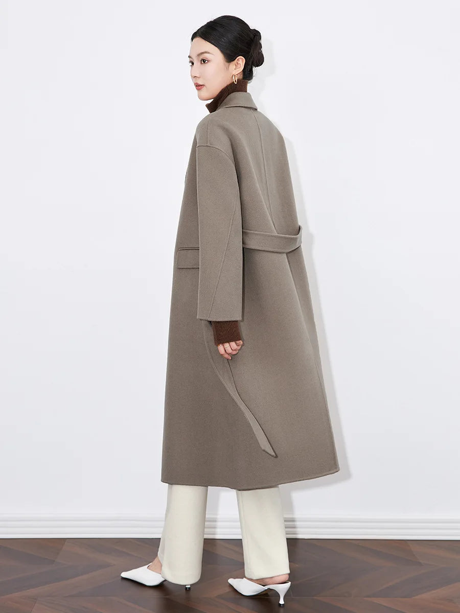 High Quality Wool Lady Winter Outwear Overcoat Notched Long Sleeve Solid Midi Loose Coat With Belt For Women