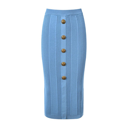 High Street 3 Colors Black/White/Blue Stretchy Knitting Women Sheath Midi Skirt with Buttons