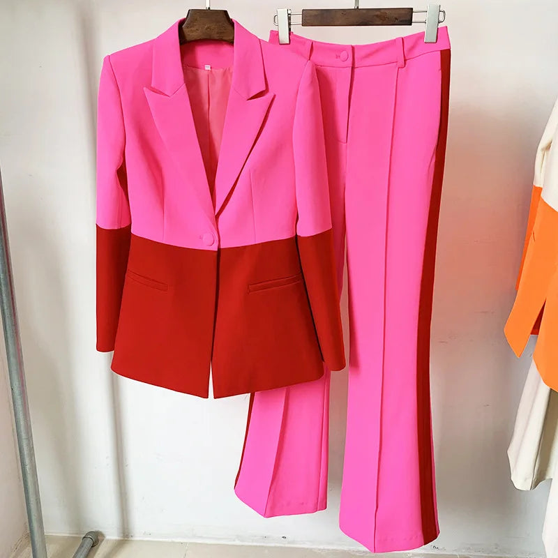 High Street Women Blazer Pantsuits Contrast Color Single Button Jacket Flared Pants Quality 2 Pieces Sets