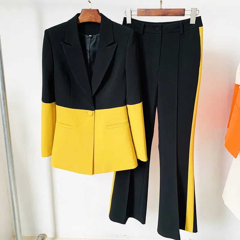 High Street Women Blazer Pantsuits Contrast Color Single Button Jacket Flared Pants Quality 2 Pieces Sets