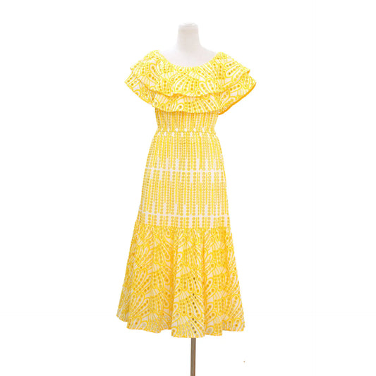 Hot Sexy Off The Shoulder Women Summer Cotton Ruffled Long Length Embroidery Lace Lady Yellow Dress