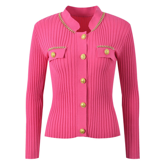 Lady Elegant Style Chain Decoration Long Sleeve Single-breasted Casual Office Coat Women Slim Fitted Knits Cardigan