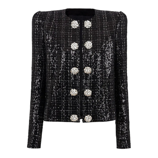 Lady Elegant Style Spring Fall Fine Workmanship Sequins Coat O-neck Long Sleeve Rhinestone Double-breasted Women Jacket