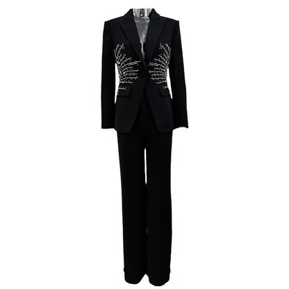 Lady Fine Workmanship Rhinestone Office Casual Suit Notched Long Sleeve Single Button Blazer Wide Legs Pants Women Solid 2pcs