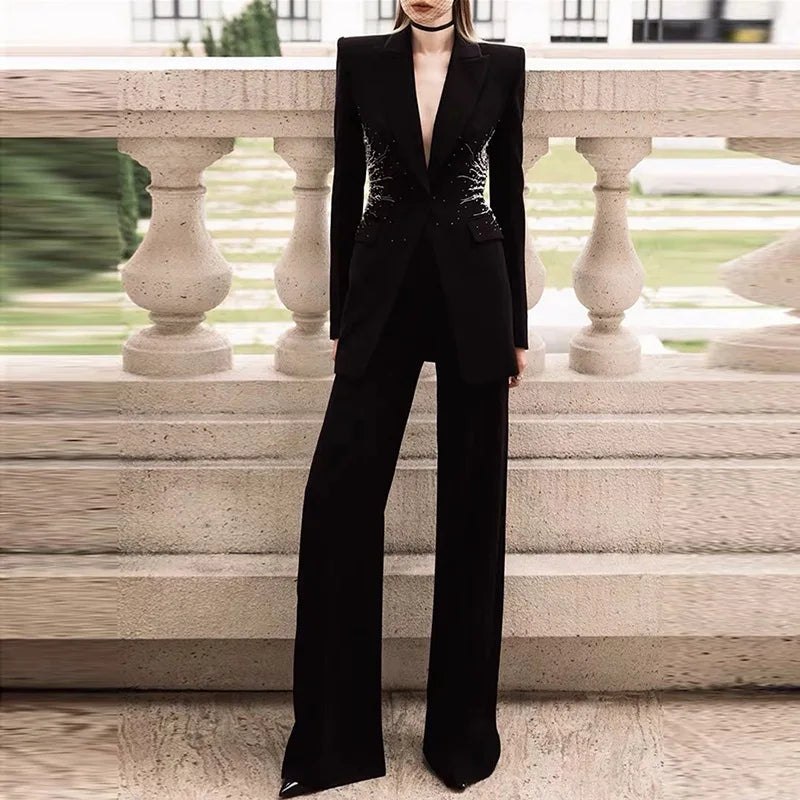 Lady Fine Workmanship Rhinestone Office Casual Suit Notched Long Sleeve Single Button Blazer Wide Legs Pants Women Solid 2pcs