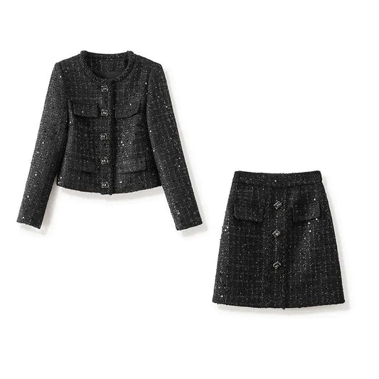 Lady Quality Shiner Office Casual Suit O-neck Long Sleeve Single-breasted Coat Mini Pencil Skirt Women Wool Blends Tweed 2pcs