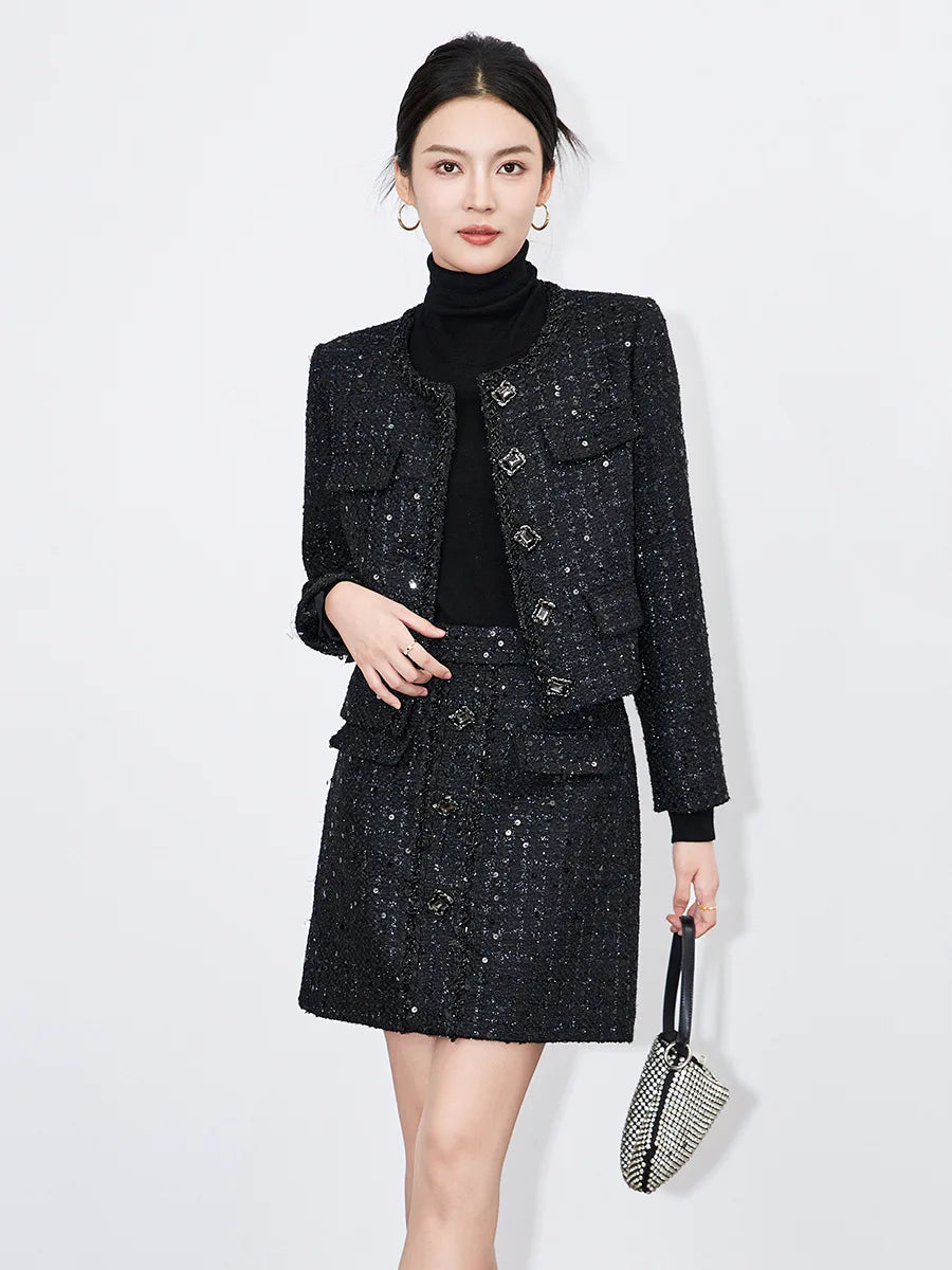 Lady Quality Shiner Office Casual Suit O-neck Long Sleeve Single-breasted Coat Mini Pencil Skirt Women Wool Blends Tweed 2pcs