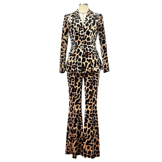 Lady Quality Velvet Formal Workwear 2Pcs Long Sleeve Single Button Blazer Flared Pants Designed Leopard Suit