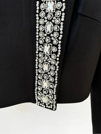 Lady Stylish Office Work Casual Suit Fine Workmanship Beading Rhinestone O-neck Tops Pencil Mini Skirt Women 2Pcs